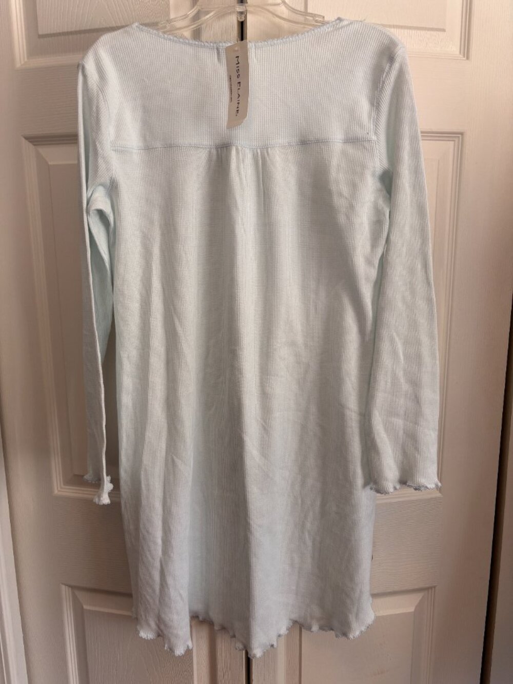 Miss Elaine Light Blue Waffle Knit Nightgown Embroidered Floral Lace Trim Long S - Picture 3 of 3